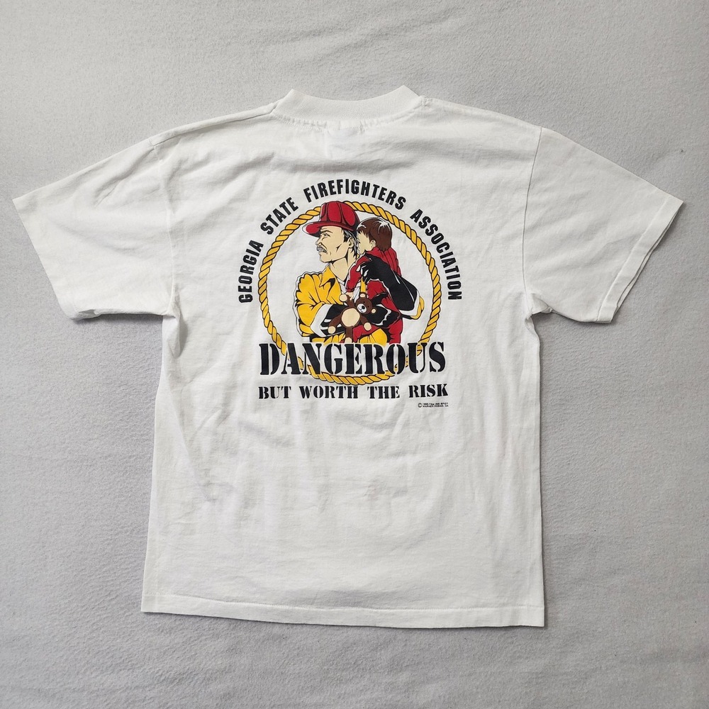 Vintage 90s Firefighter T Shirt Mens Medium White Georgia State Single Stitch